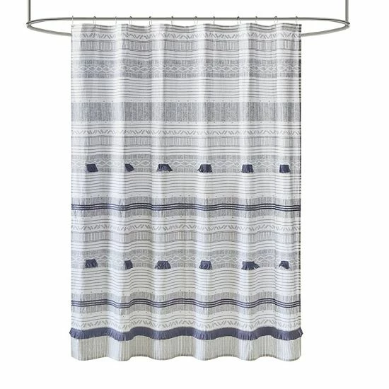 INK+IVY Cody Cotton Stripe Printed & Tassel Pom Pom Shower Curtain Gray Yellow 3 INK+IVY Cody Cotton Stripe Printed & Tassel Pom Pom Shower Curtain Gray Yellow