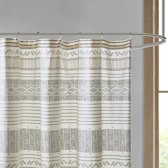 INK+IVY Cody Cotton Stripe Printed & Tassel Pom Pom Shower Curtain Gray Yellow 4 INK+IVY Cody Cotton Stripe Printed & Tassel Pom Pom Shower Curtain Gray Yellow - Image 2