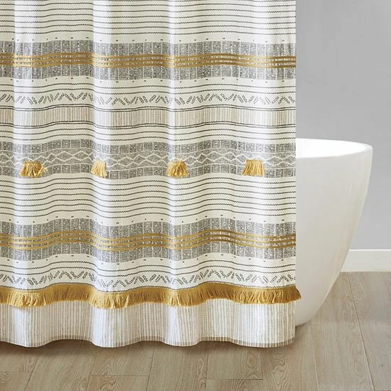 INK+IVY Cody Cotton Stripe Printed & Tassel Pom Pom Shower Curtain Gray Yellow 5 INK+IVY Cody Cotton Stripe Printed & Tassel Pom Pom Shower Curtain Gray Yellow - Image 3