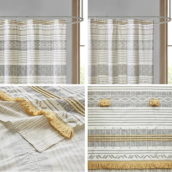 INK+IVY Cody Cotton Stripe Printed & Tassel Pom Pom Shower Curtain Gray Yellow 6 INK+IVY Cody Cotton Stripe Printed & Tassel Pom Pom Shower Curtain Gray Yellow - Image 4