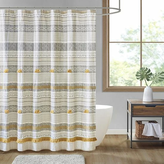 INK+IVY Cody Cotton Stripe Printed & Tassel Pom Pom Shower Curtain Gray Yellow 9 INK+IVY Cody Cotton Stripe Printed & Tassel Pom Pom Shower Curtain Gray Yellow - Image 7