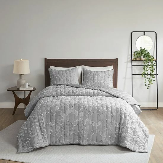 INK+IVY Tulay Clipped Cotton Gauze Quilted Coverlet Set With Shams Gray 3 INK+IVY Tulay Clipped Cotton Gauze Quilted Coverlet Set With Shams Gray