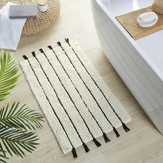 INK+IVY Arbor Striped Tassel Cotton Tufted Bath Rug Black Neutral 4 INK+IVY Arbor Striped Tassel Cotton Tufted Bath Rug Black Neutral - Image 2