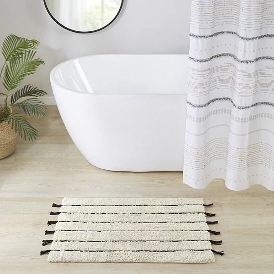 INK+IVY Arbor Striped Tassel Cotton Tufted Bath Rug Black Neutral 5 INK+IVY Arbor Striped Tassel Cotton Tufted Bath Rug Black Neutral - Image 3