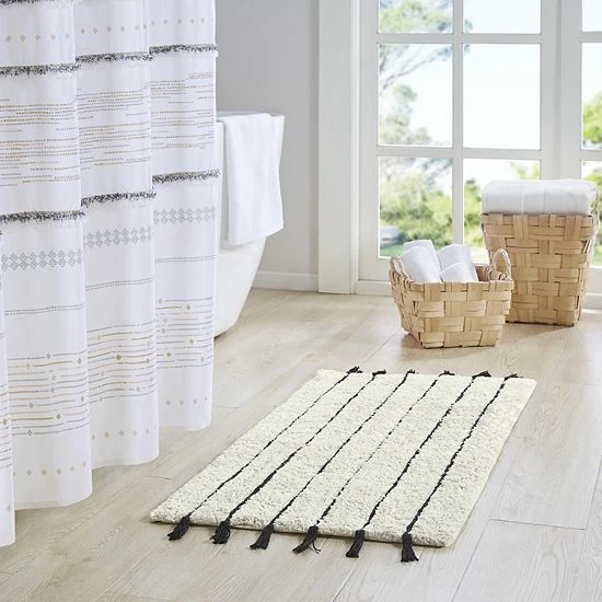 INK+IVY Arbor Striped Tassel Cotton Tufted Bath Rug Black Neutral 6 INK+IVY Arbor Striped Tassel Cotton Tufted Bath Rug Black Neutral - Image 4