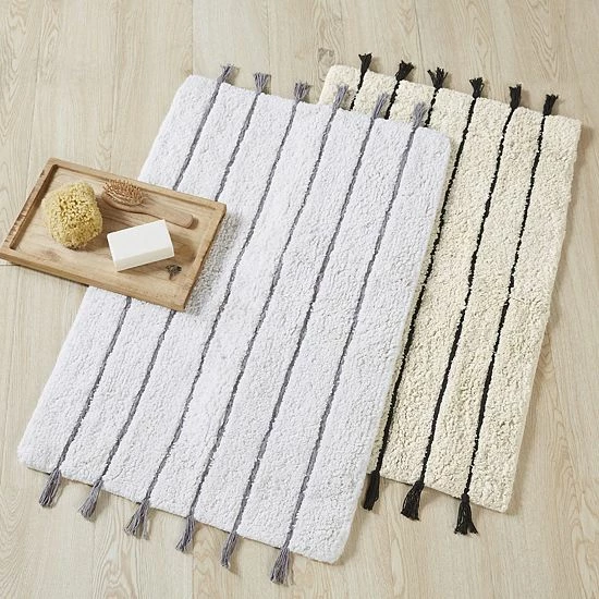 INK+IVY Arbor Striped Tassel Cotton Tufted Bath Rug Black Neutral 10 INK+IVY Arbor Striped Tassel Cotton Tufted Bath Rug Black Neutral - Image 8