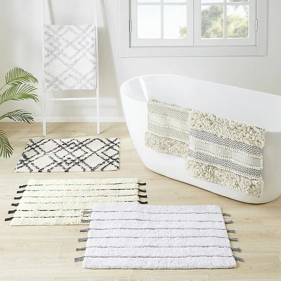 INK+IVY Arbor Striped Tassel Cotton Tufted Bath Rug Black Neutral 11 INK+IVY Arbor Striped Tassel Cotton Tufted Bath Rug Black Neutral - Image 9
